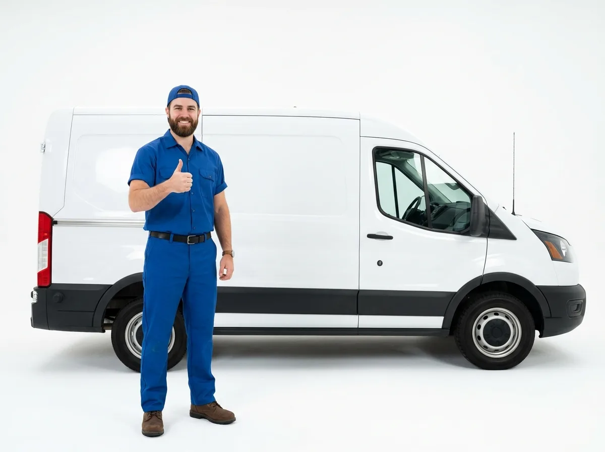 HVAC Premium Care technician giving a thumbs up beside a service van