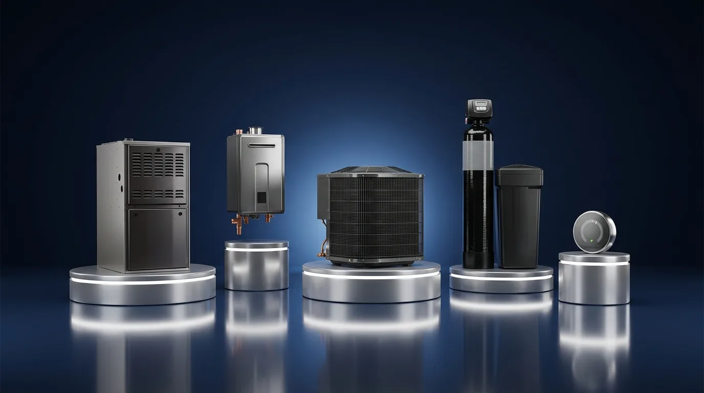 HVAC Premium Care equipment lineup — furnace, tankless water heater, heat pump, water softener and smart thermostat