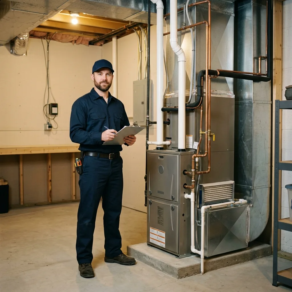 Technician beside a newly installed furnace