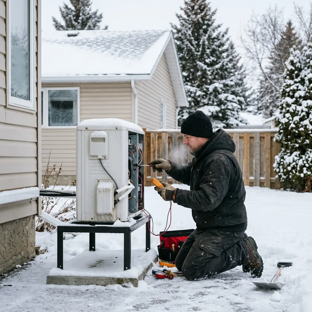 Technician maintaining an outdoor heat pump in winter