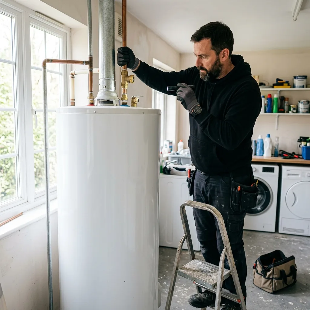 Technician repairing a water heater